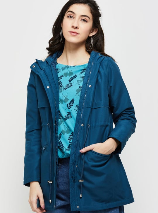 Women Solid Drawstring Waist Parka with Faux Fur Hood