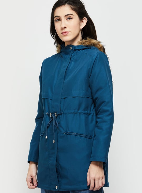 Women Solid Drawstring Waist Parka with Faux Fur Hood
