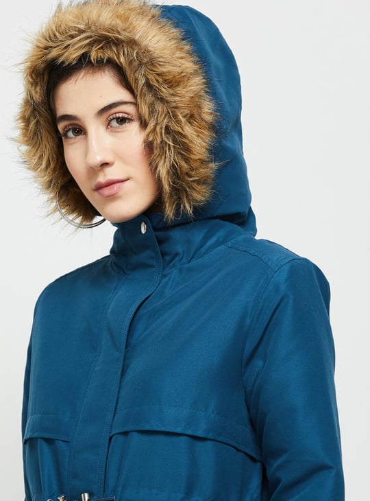 Women Solid Drawstring Waist Parka with Faux Fur Hood