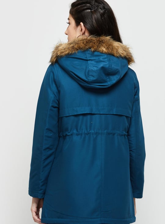 Women Solid Drawstring Waist Parka with Faux Fur Hood