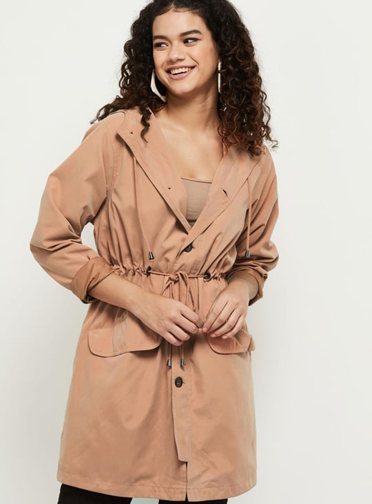 Women Solid Hooded Long Jacket with Drawstring Waist