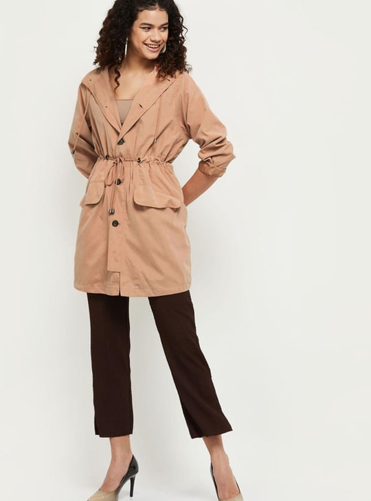 Women Solid Hooded Long Jacket with Drawstring Waist