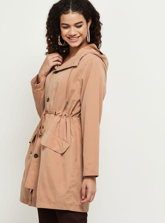 Women Solid Hooded Long Jacket with Drawstring Waist