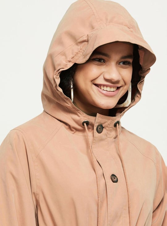 Women Solid Hooded Long Jacket with Drawstring Waist