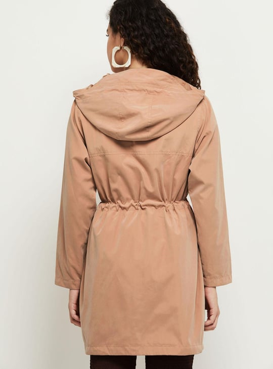 Women Solid Hooded Long Jacket with Drawstring Waist