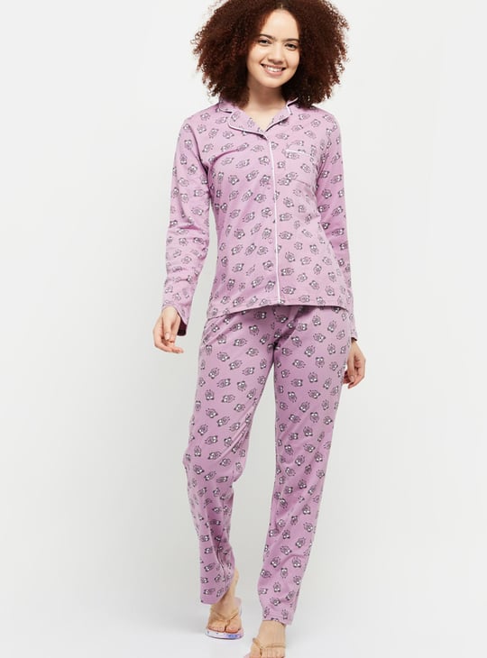 Women Printed Shirt and Elasticated Pyjamas 