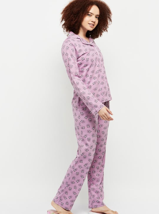 Women Printed Shirt and Elasticated Pyjamas 