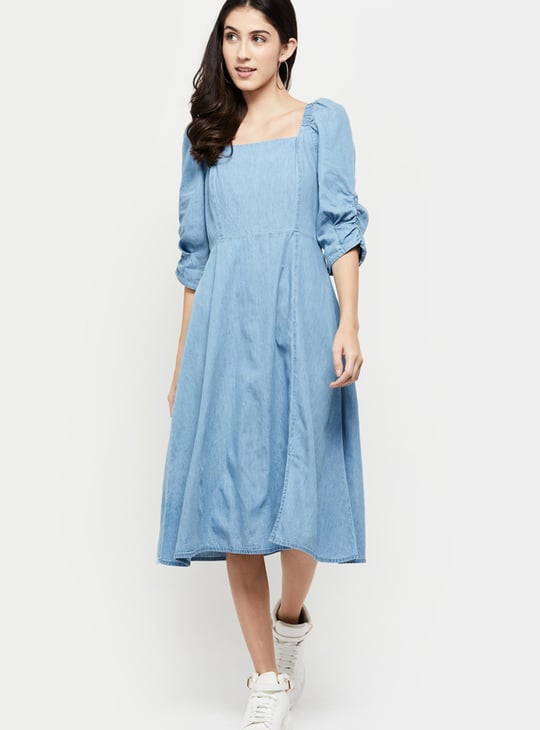 Women Solid Square Neck A-Line Dress 