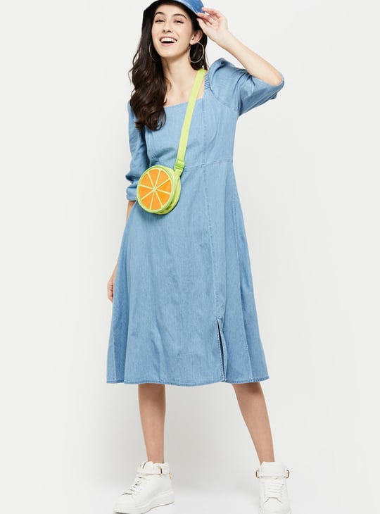 Women Solid Square Neck A-Line Dress 