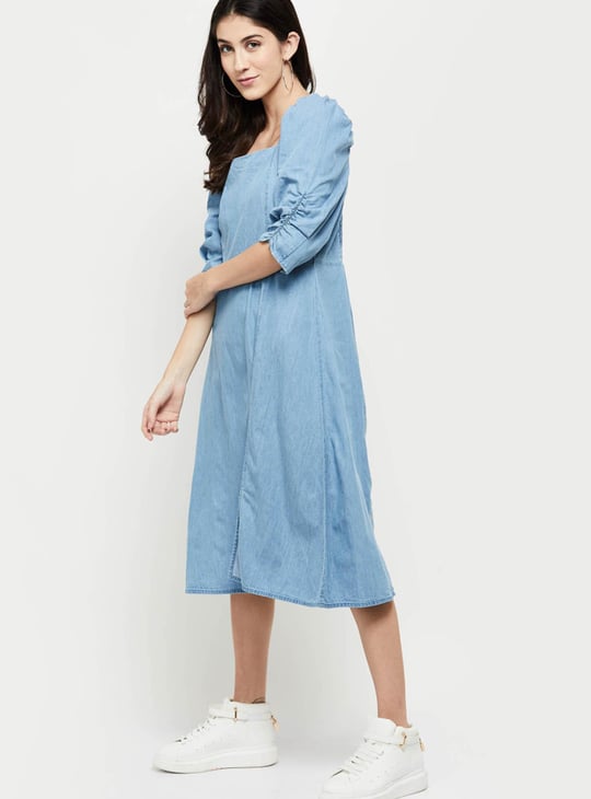 Women Solid Square Neck A-Line Dress 