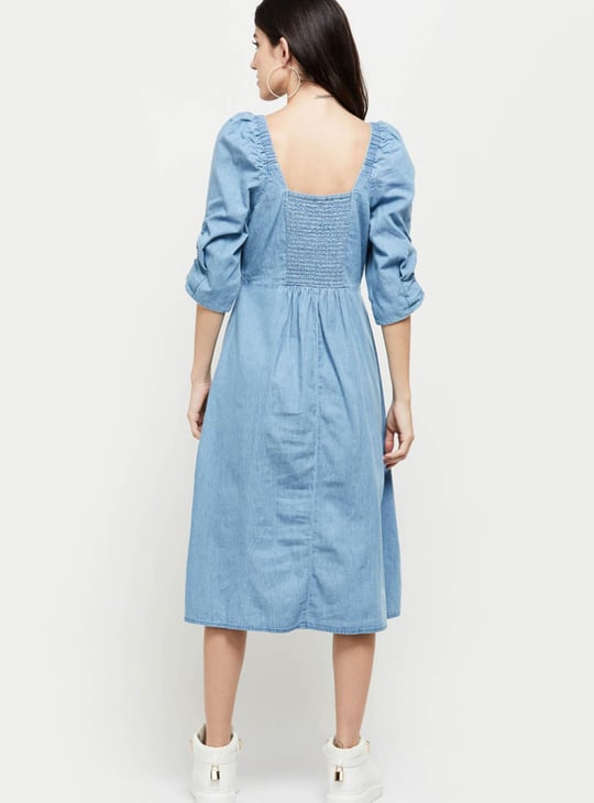 Women Solid Square Neck A-Line Dress 