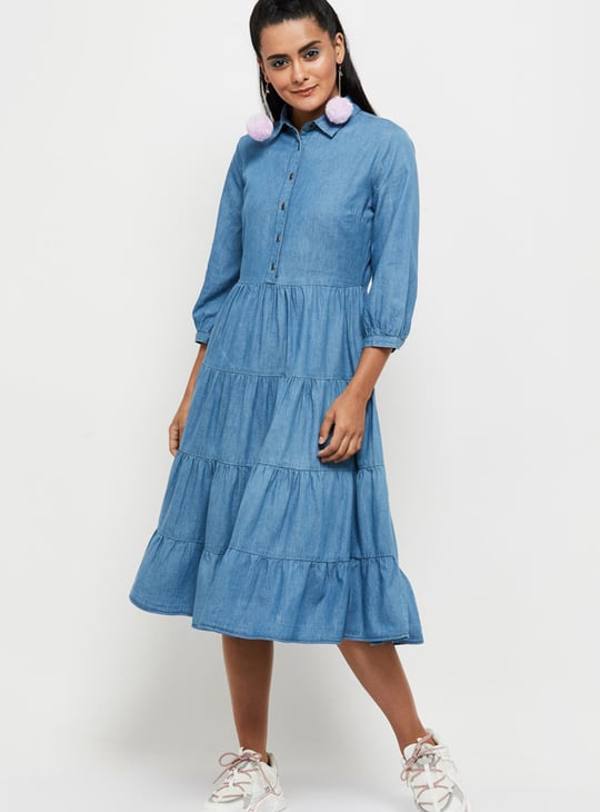 Women Solid Spread Collar Denim Dress 