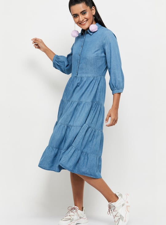 Women Solid Spread Collar Denim Dress 