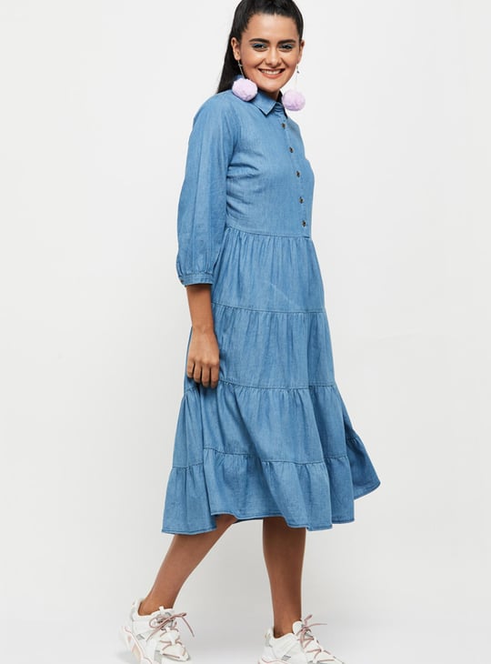Women Solid Spread Collar Denim Dress 