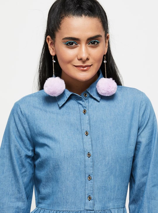 Women Solid Spread Collar Denim Dress 