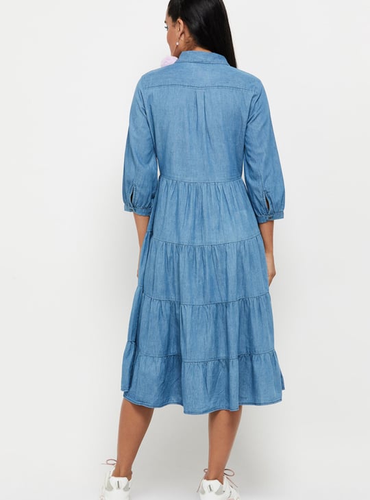 Women Solid Spread Collar Denim Dress 