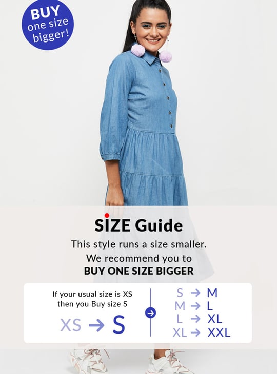 Women Solid Spread Collar Denim Dress 