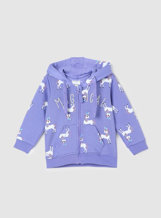 Girls Unicorn Printed Hooded Sweatshirt Purple Printed