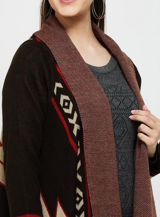 Women Aztec Printed Front-Open Shrug with Asymmetric Hem
