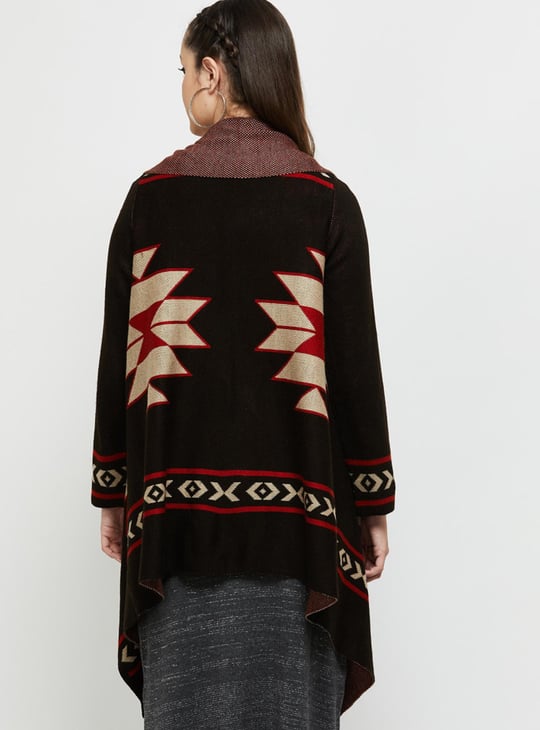 Women Aztec Printed Front-Open Shrug with Asymmetric Hem