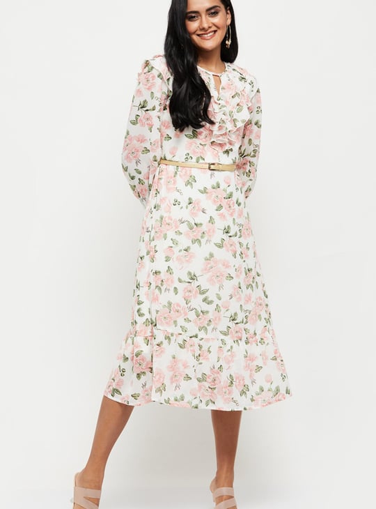 Women Printed Cutout Detail A-Line Dress 