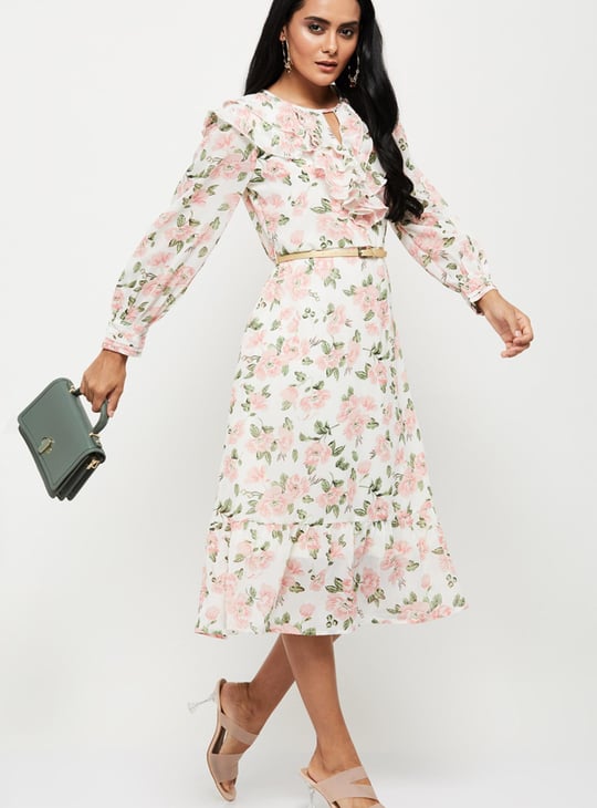 Women Printed Cutout Detail A-Line Dress 