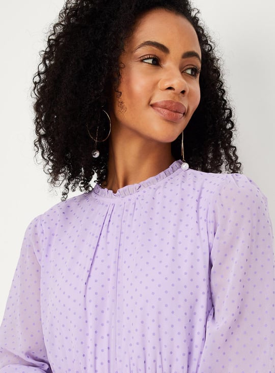 Women Polka Dot Print A-Line Dress with Ruffled Neck