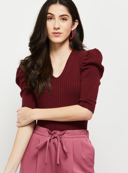 Women Ribbed Puffed Sleeve Sweater