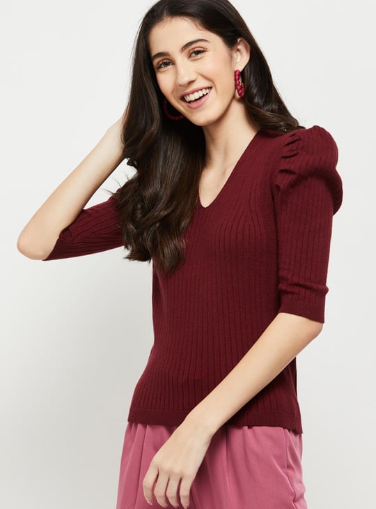 Women Ribbed Puffed Sleeve Sweater