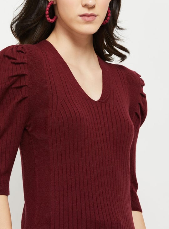 Women Ribbed Puffed Sleeve Sweater