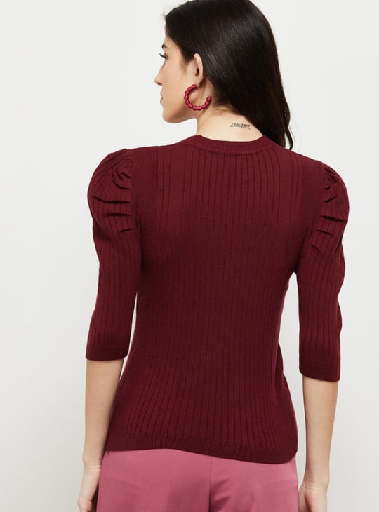 Women Ribbed Puffed Sleeve Sweater