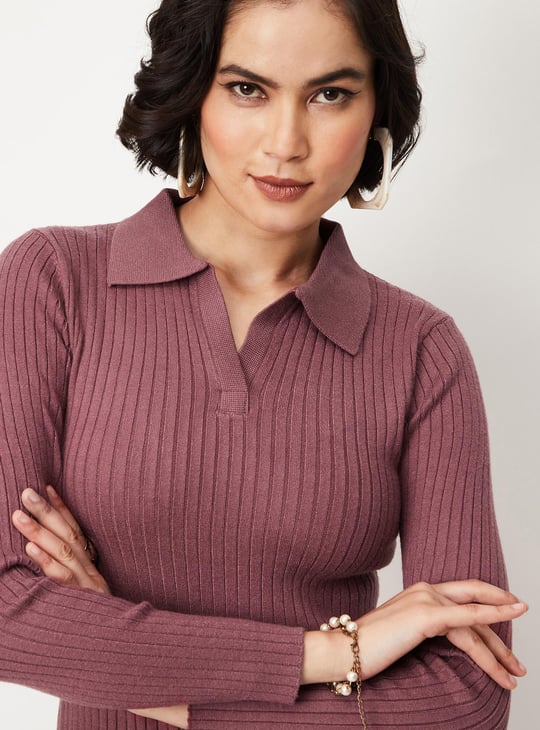 Women Rib Knit Collared Top