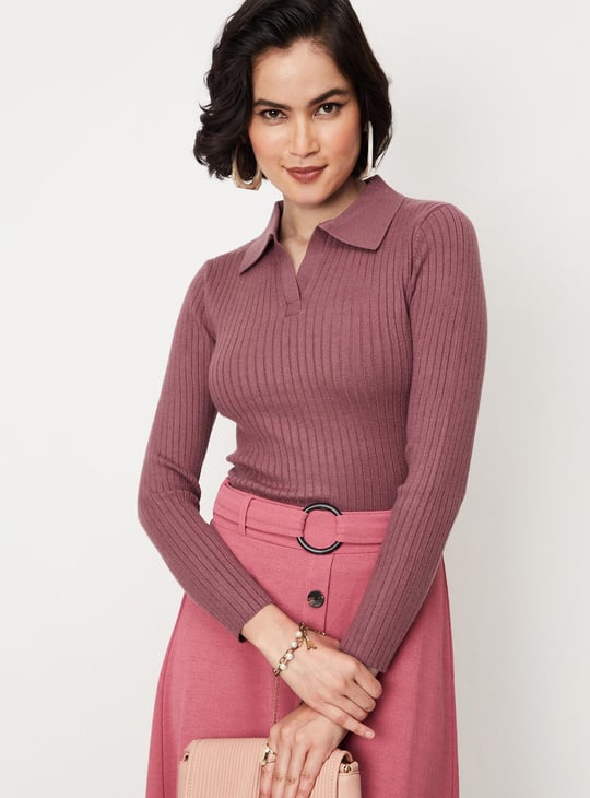 Women Rib Knit Collared Top