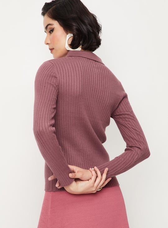 Women Rib Knit Collared Top