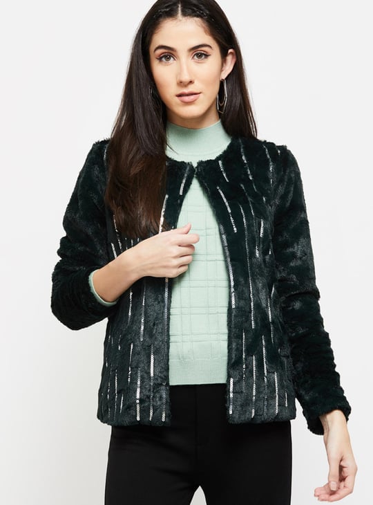 Women Sequin Embellished Full Sleeves Jacket Green Embellished