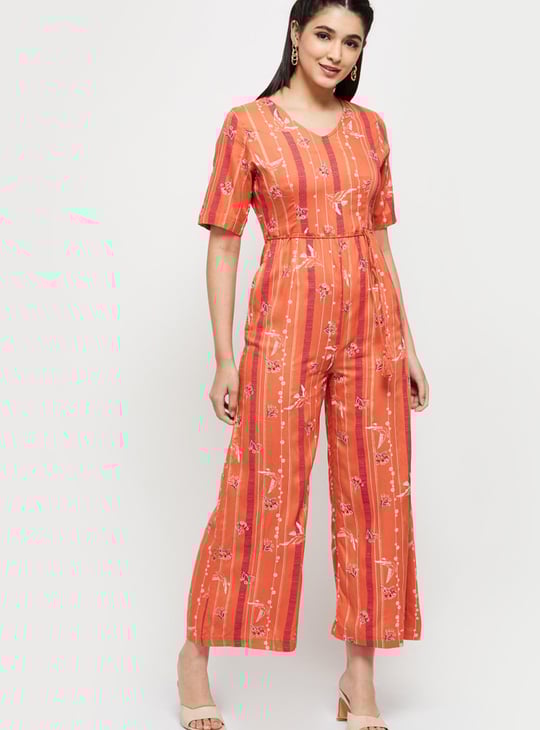 Women Floral Printed V Neck Jumpsuit Orange Printed