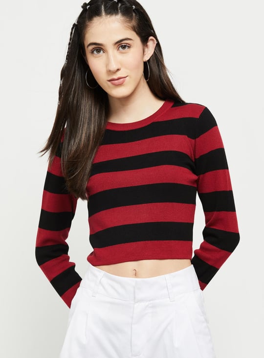 Women Colourblock Full Sleeves Knitted Crop Top
