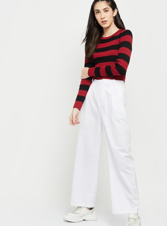 Women Colourblock Full Sleeves Knitted Crop Top