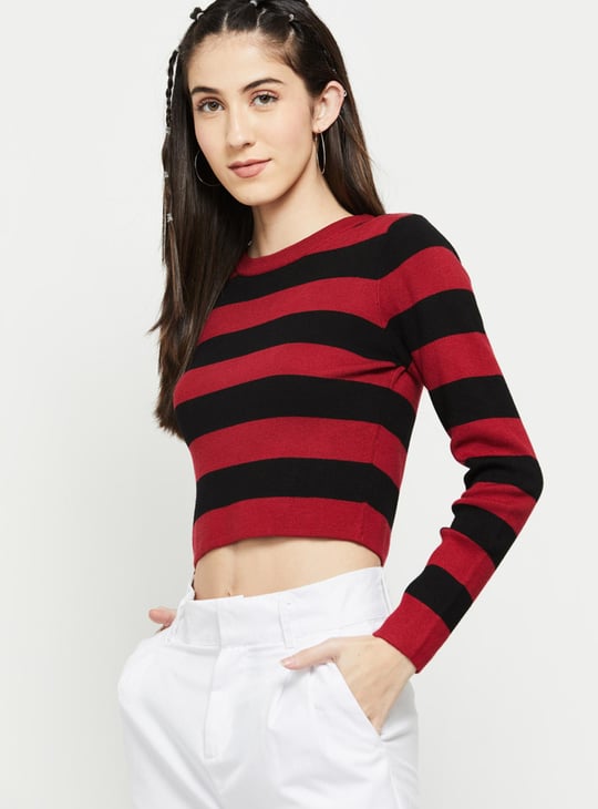 Women Colourblock Full Sleeves Knitted Crop Top