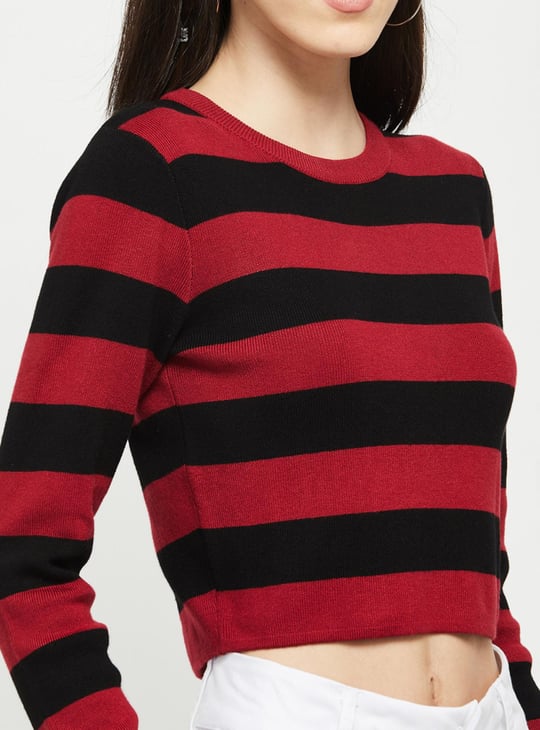 Women Colourblock Full Sleeves Knitted Crop Top