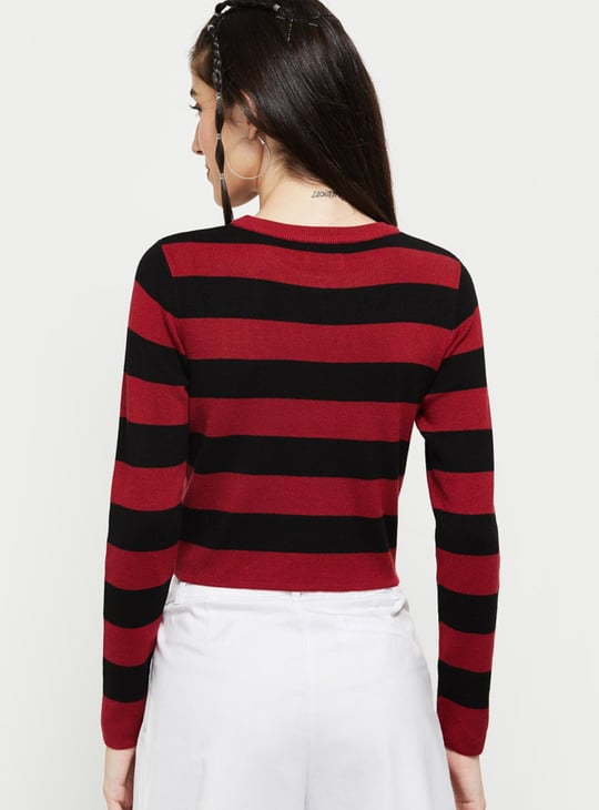 Women Colourblock Full Sleeves Knitted Crop Top