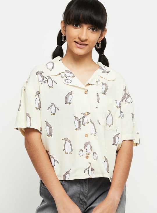 Girls Graphic Print Lapel Collar Shirt 