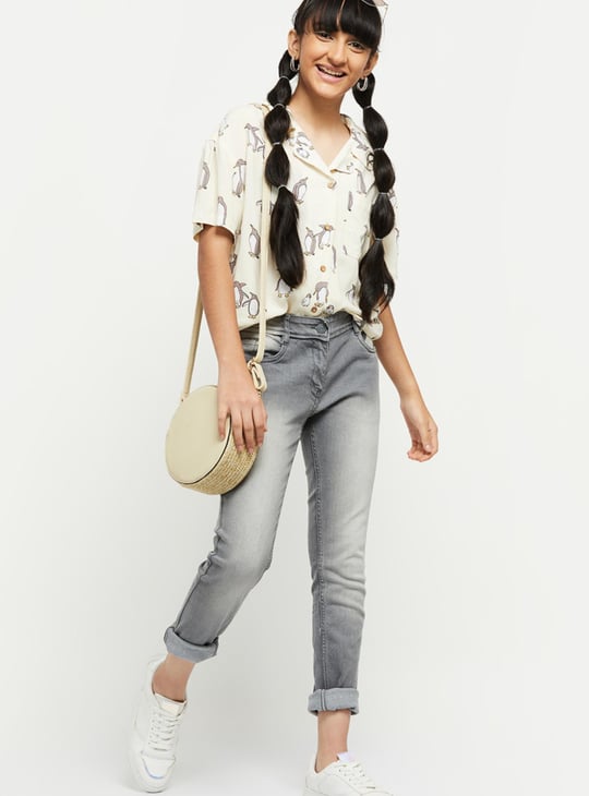 Girls Graphic Print Lapel Collar Shirt 