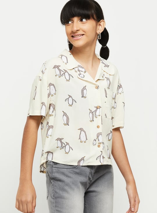 Girls Graphic Print Lapel Collar Shirt 