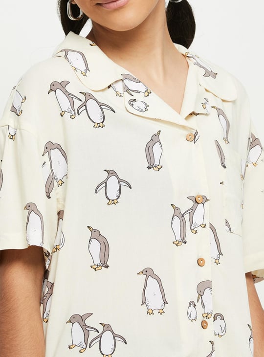 Girls Graphic Print Lapel Collar Shirt 