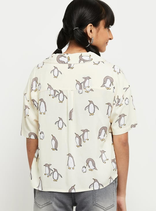 Girls Graphic Print Lapel Collar Shirt 