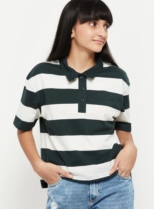 Girls Striped Polo Neck T-Shirt