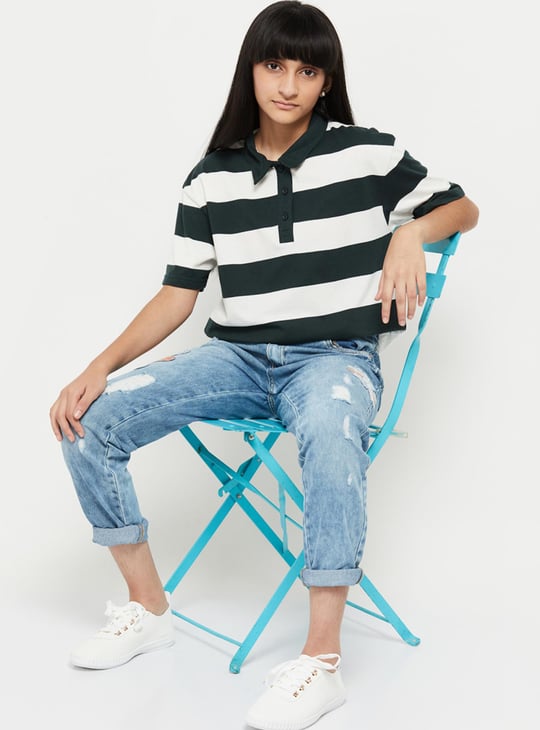 Girls Striped Polo Neck T-Shirt
