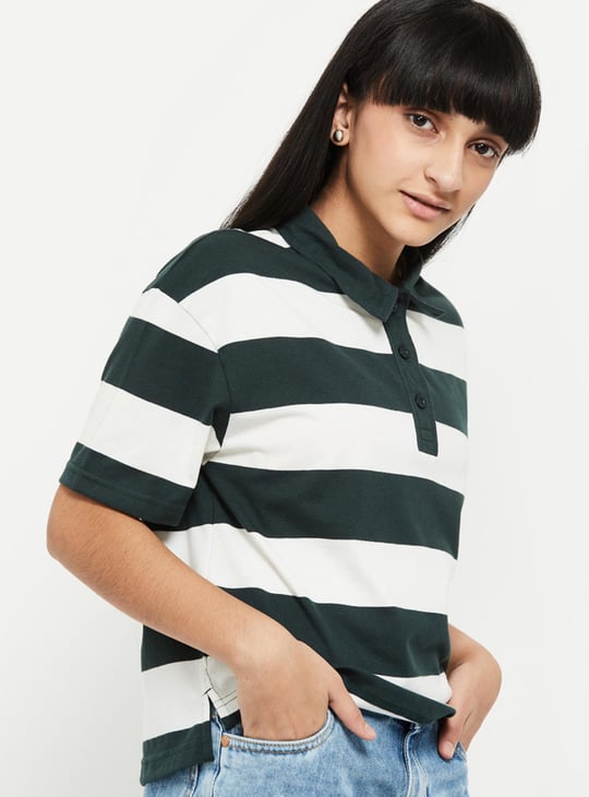 Girls Striped Polo Neck T-Shirt