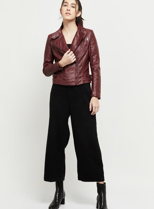 Women Solid Full Sleeves Biker Jacket